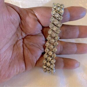 Made in Japan Vintage Clear Rhinestone Flex Bracelet 6”-8” Silver Tone Metal